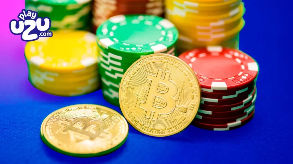 Criptomonedas y fichas: el futuro de los juegos de cartas online. Monedas de Bitcoin y fichas de póker en una mesa, destacando la evolución de los premios en juegos de cartas en línea con criptomonedas.