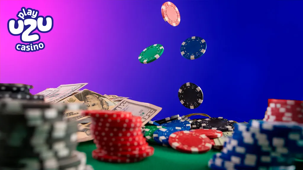 Creatividad y emoción al organizar una partida de cartas online. Fichas y billetes esparcidos en una mesa de juego mientras fichas vuelan en el aire, representando el dinamismo de organizar partidas de cartas online.