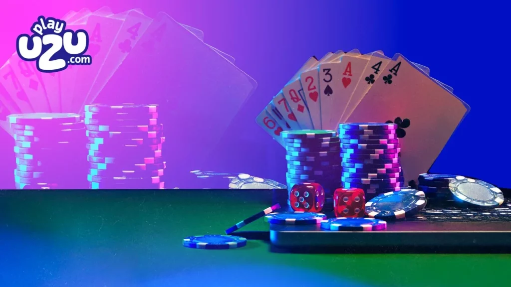 Pilas de fichas de casino y cartas iluminadas, destacando el equilibrio necesario para disfrutar del juego responsable en casinos en vivo online.