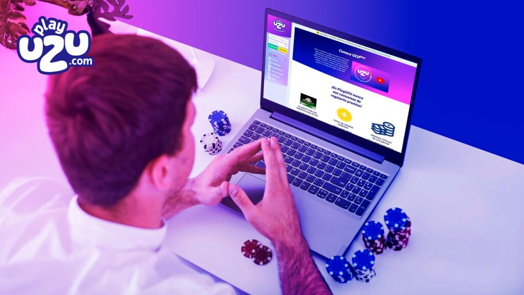 Jugador frente a una laptop con fichas de casino, explorando premios y recompensas en un torneo en vivo.