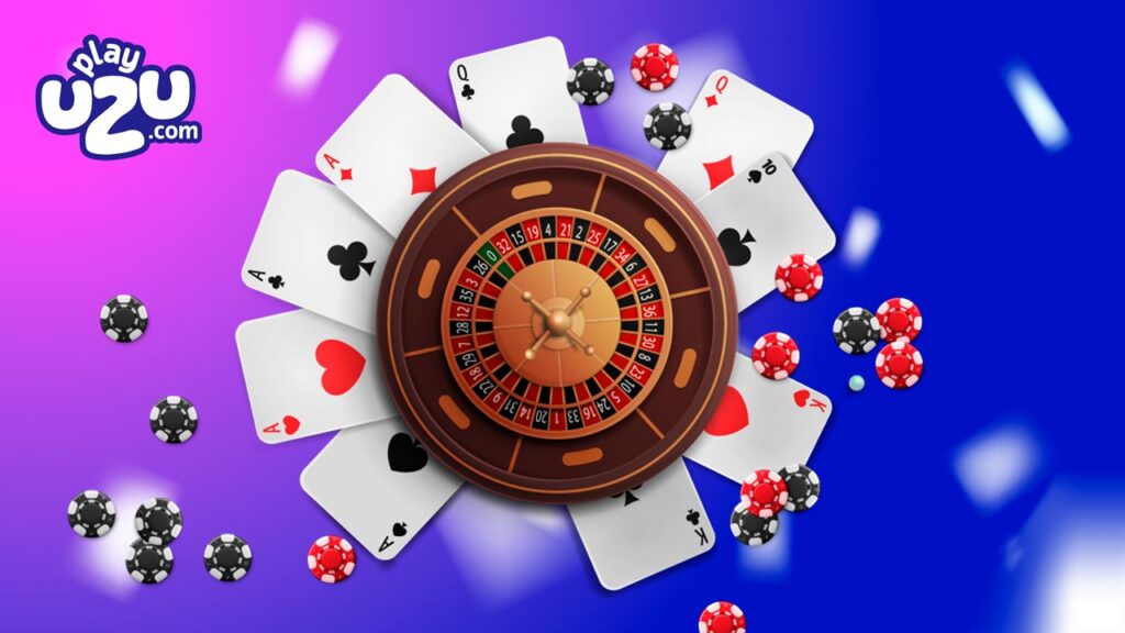 Ruleta central rodeada de cartas y fichas en un diseño dinámico, ideal para torneos de blackjack online.