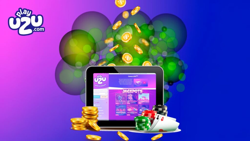 Tablet con interfaz de casino, fichas, cartas y monedas cayendo, representando premios en torneos de blackjack online.