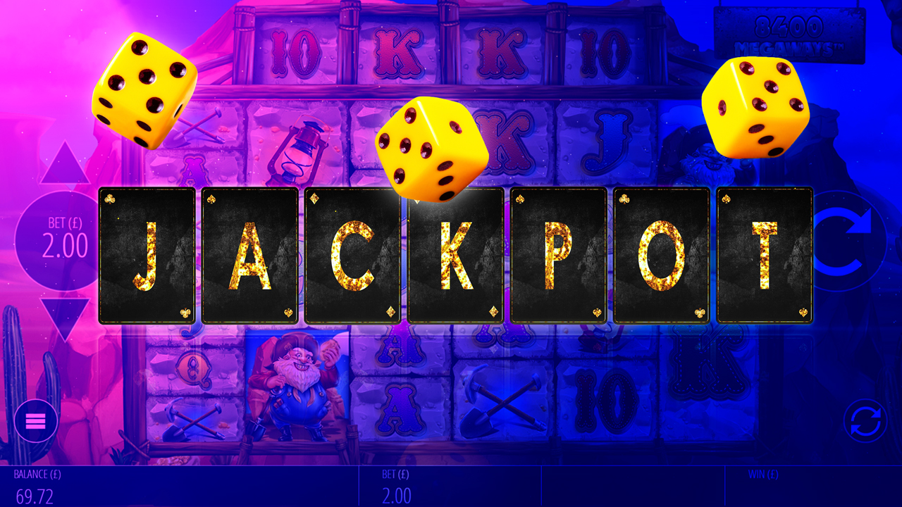 Analiza las diferencias entre tipos de jackpots con nuestra comparativa. Letras brillantes formando la palabra "Jackpot" con dados amarillos en movimiento, representando la emoción de los jackpots online.