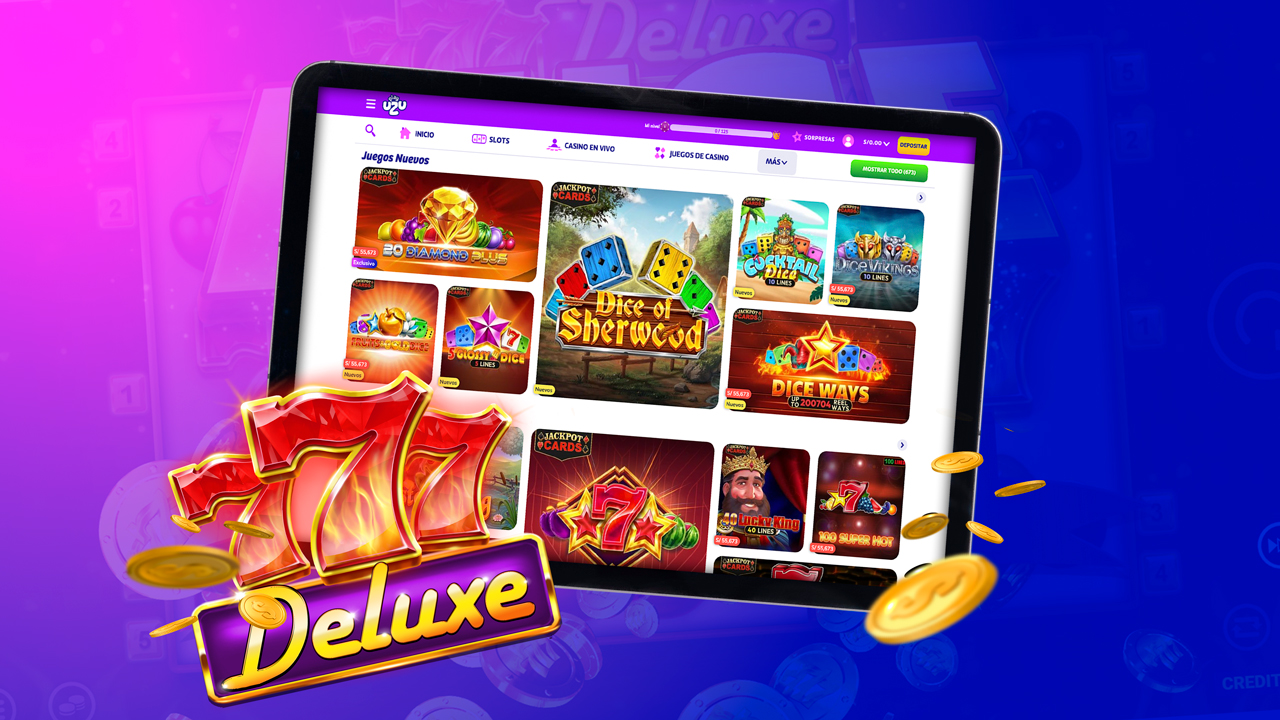 Tablet mostrando una plataforma de casino online con los mejores juegos online con jackpots, acompañada de fichas de apuestas sobre una mesa de madera en tonos rosados y azules.