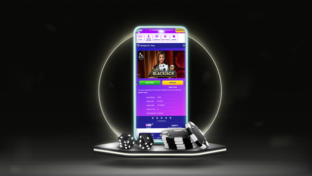 Teléfono móvil con fichas de casino y dados para jugar 21 Blackjack online.