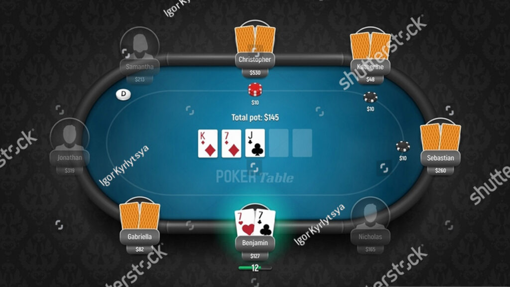 Interfaz digital de póker Texas Hold’em con cartas y jugadores – cómo jugar póker.