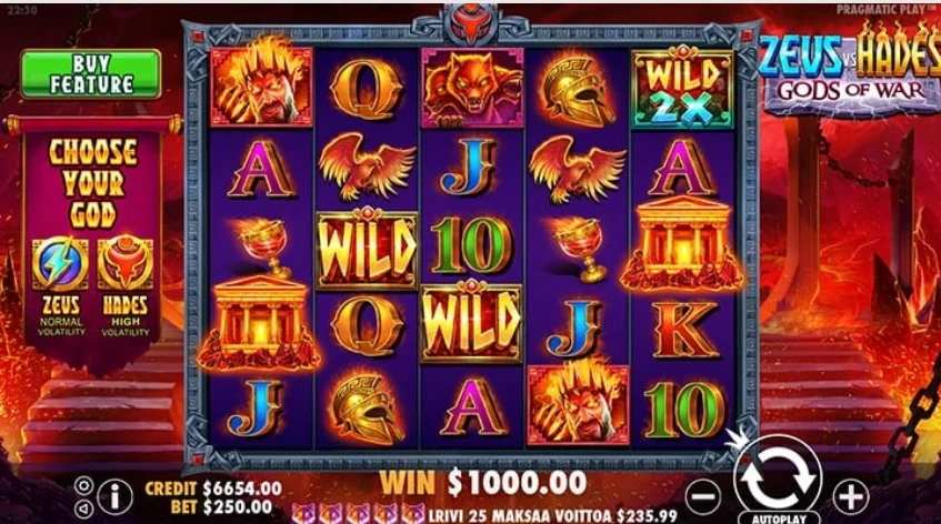 Pantalla de tragamonedas de casino en línea con temática de dioses y bonificaciones.