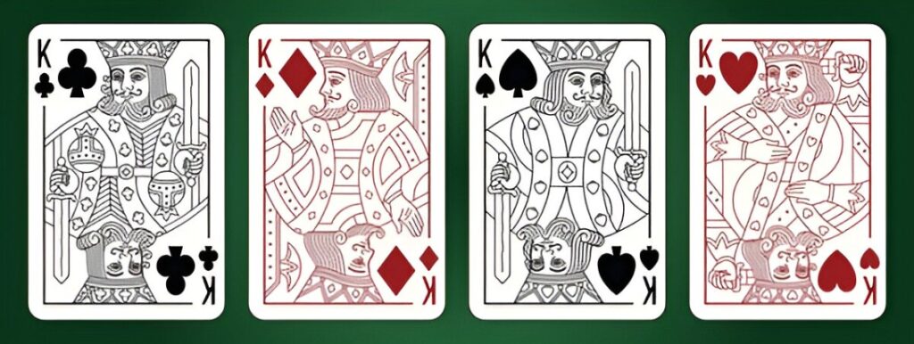 Visual de cuánto vale la K en cartas, con cuatro Reyes en diferentes palos