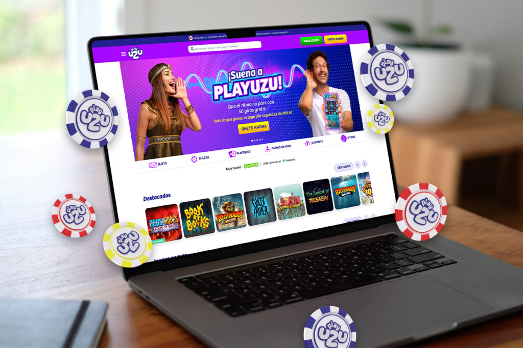 Primer plano de un computador que muestra la página de juegos de casino online de PlayUZU para divertirse en las fiestas patrias de Perú