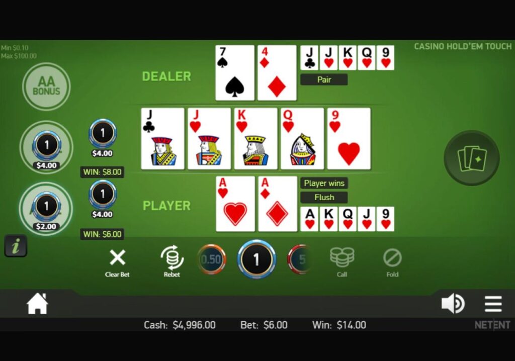Juego de Casino Hold'em Touch, mostrando las manos del jugador (color con Ases) y del dealer (pareja de Jotas) para hacer combinaciones de póker 
