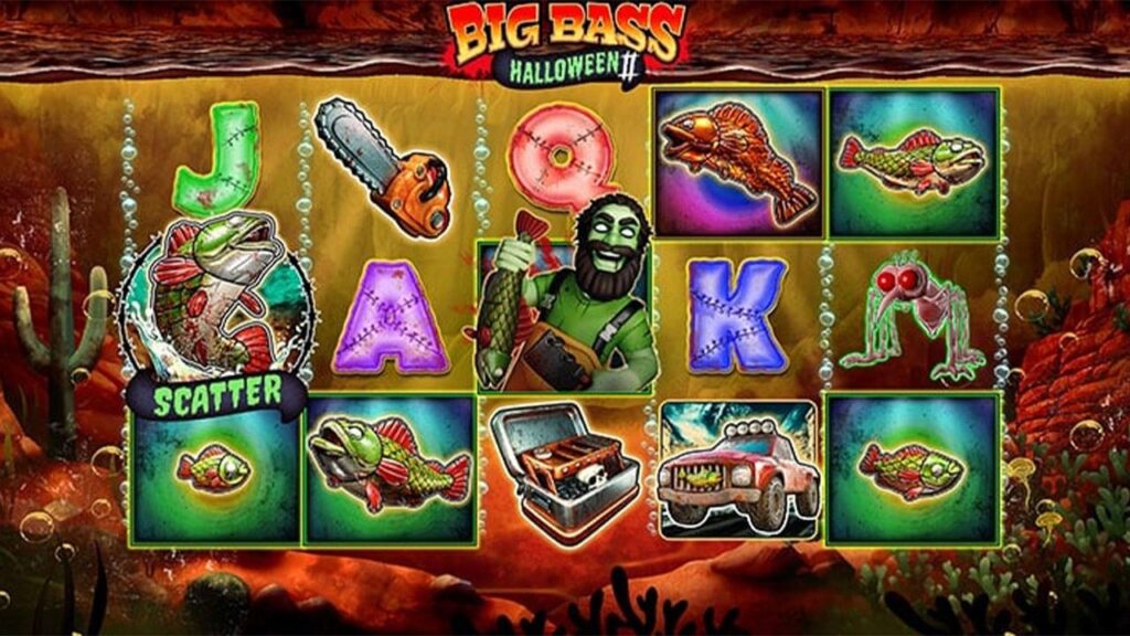 Captura de pantalla del juego de slot “Big Bass Halloween II”, con símbolos de peces zombis, un pescador monstruo y efectos visuales aterradores. Ejemplo de los juegos de Halloween más emocionantes de PlayUZU 
