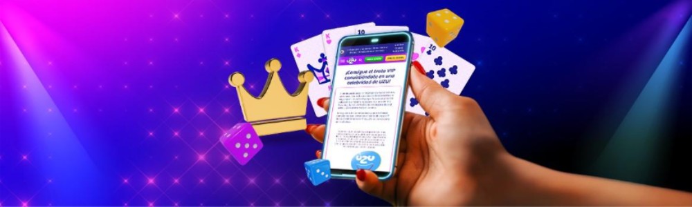 Mano femenina sosteniendo un smartphone que muestra la página “Consigue el trato VIP convirtiéndote en una celebridad de UZU”