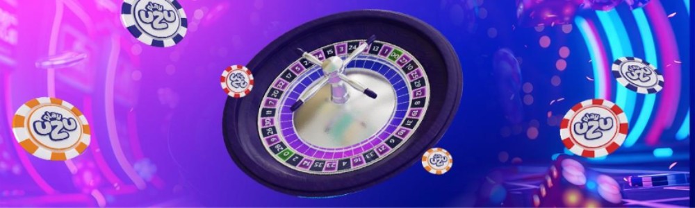 Ruleta con luces neón, rodeada de fichas flotantes de UZU, en un espacio que invita a descubrir la emoción de un giro de ruleta de forma divertida